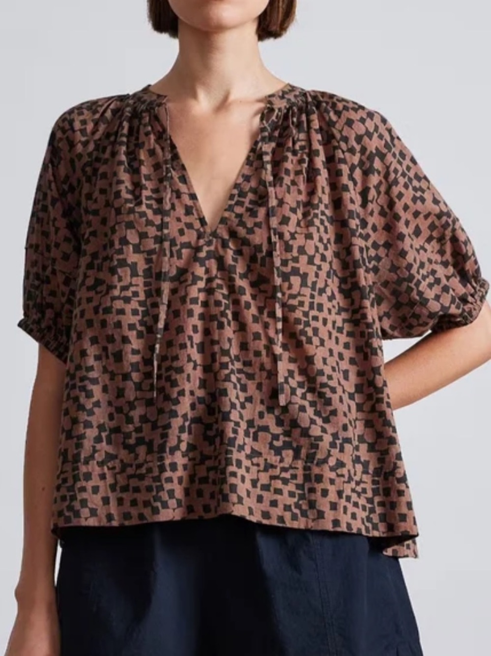 APIECE APART Lumina Popover Scattered Geo Puff Sleeve Blouse Brown Black M